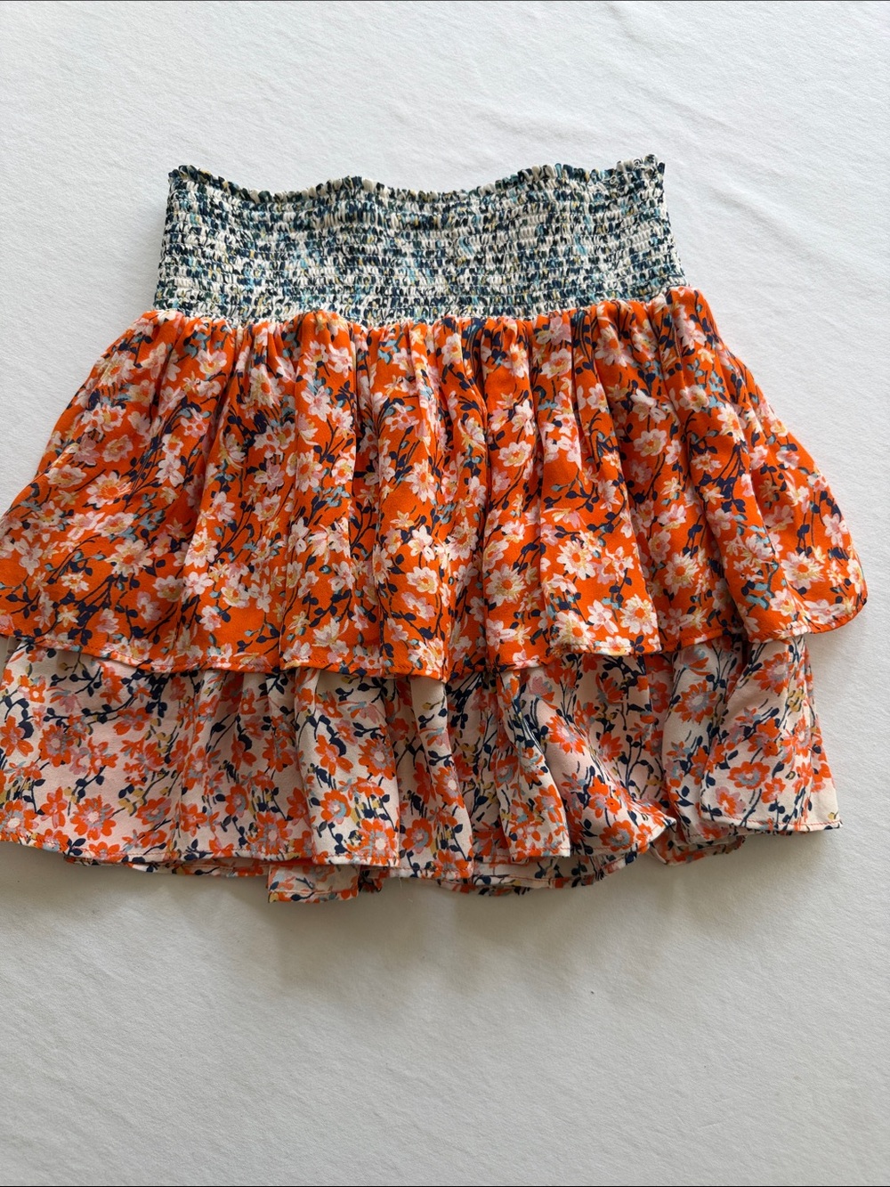 Ramy Brook Orange Floral Tiered Smocked Mini Skirt